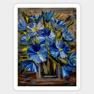 Blue flowers bouquet in a metallic glass vase Sticker